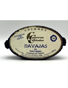 Conservas Cambados Selección Gourmet. Navajas al natural. Elaboración propia.