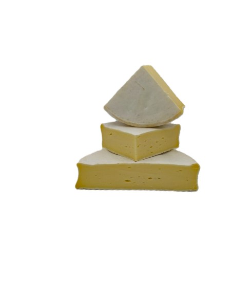 Queso de leche cruda de vaca, de pasta prensada, textura consistente y corteza limpia.