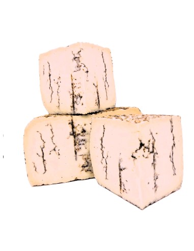 Cuñas de queso de leche oveja. Queso italiano de pasta dura con trufa negra.